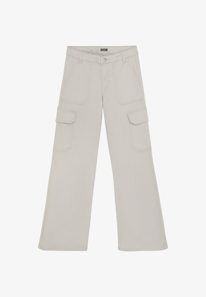 Ljust grå cargobyxor i en bomullsblandning, med vid ben design, två sidofickor och två cargofickor på låren.
