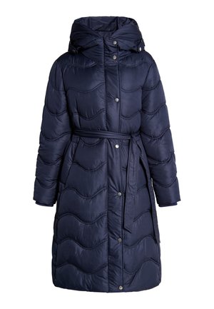 Navy-blau gesteppter langer Wintermantel mit Kapuze, Druckknöpfen und einem Gürtel, der an der Taille gebunden ist.