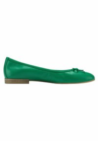 Ballerine in pelle verde con punta rotonda e piccolo dettaglio a fiocco frontale, con tacco basso a blocco marrone.