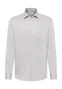 Lichtgrijs shirt met lange mouwen, voorzien van een gestructureerd patroon, button-down kraag, één borstzak en bijpassende knopen. Glad stofafwerking.