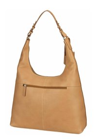 Borsa a spalla in pelle beige con forma arrotondata, finitura testurizzata e tasca frontale con zip. Tracolla regolabile e accenti hardware discreti.