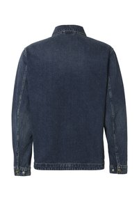 Veste en jean bleu foncé vue de dos, avec manches longues, col et poignets boutonnés.