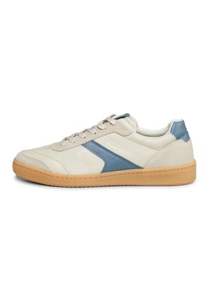 Weißes Leder-Sneaker mit hellblauen Akzenten und einer Gummisohle. Verfügt über Wildlederüberzüge, runde Schnürsenkel und geprägtes Branding an der Seite.
