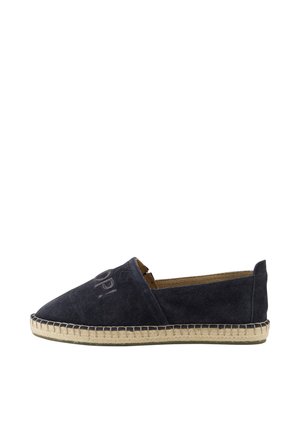 Dark blue suede slip-on espadrille with beige braided jute sole and embroidered text on the upper side.