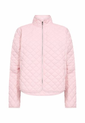 Prošívaná růžová bunda s vysokým límcem a celoplozným předním zipem. Má diamantové vzory, dlouhé rukávy a jemnou texturu látky.