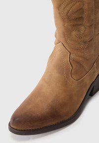 Braune Leder-Cowboystiefel mit dekorativen Nähten, spitzem Zehenbereich und niedriger gestapelter Absatz auf einem weißen Hintergrund.