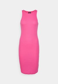 Dopasowana sukienka bez rękawów w jaskrawym różowym kolorze, wykonana z gładkiego materiału z fasonem bodycon, z okrągłym dekoltem i długością do kolan.