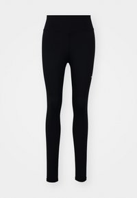 Black athletic leggings made from stretchy fabric, featuring a high waistband and a smooth texture. No visible patterns or hardware.
