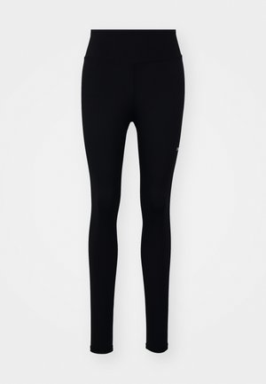 Leggings sportivi neri realizzati in tessuto elastico, caratterizzati da una vita alta e una texture liscia. Nessun motivo o hardware visibile.
