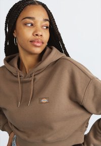 Hoodie corto marrone realizzato in morbido tessuto, con cappuccio regolabile e un'etichetta con logo sul petto. Design semplice e rilassato.