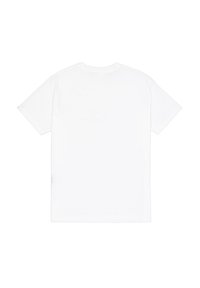 Hvid t-shirt, korte ærmer, rund hals, enkel design, lavet af bomuld, med en blød tekstur og en afslappet pasform. Ingen synlige logos eller mønstre.