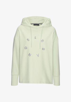 Sudadera con capucha de color verde claro con cordones y las letras "ELBSAND" dispuestas en un patrón circular en la parte delantera.