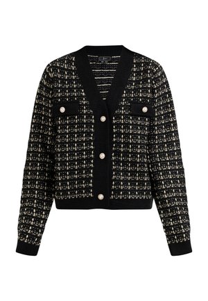 Cardigan cu un model alb și negru, având guler în V, patru buzunare frontale și nasturi din perlă. Manșetele și tivul ribbate completează designul.