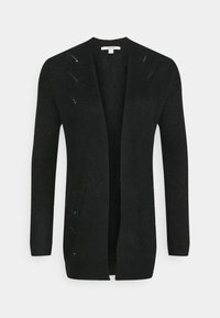 Schwarze Strickjacke mit offenem Design, langen Ärmeln, rippstrukturiertem Material, leichtem Stoff und minimalistischem Stil.