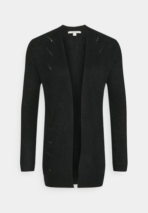 Black cardigan with open front design, long sleeves, ribbed texture, lightweight material, and minimalistic style.