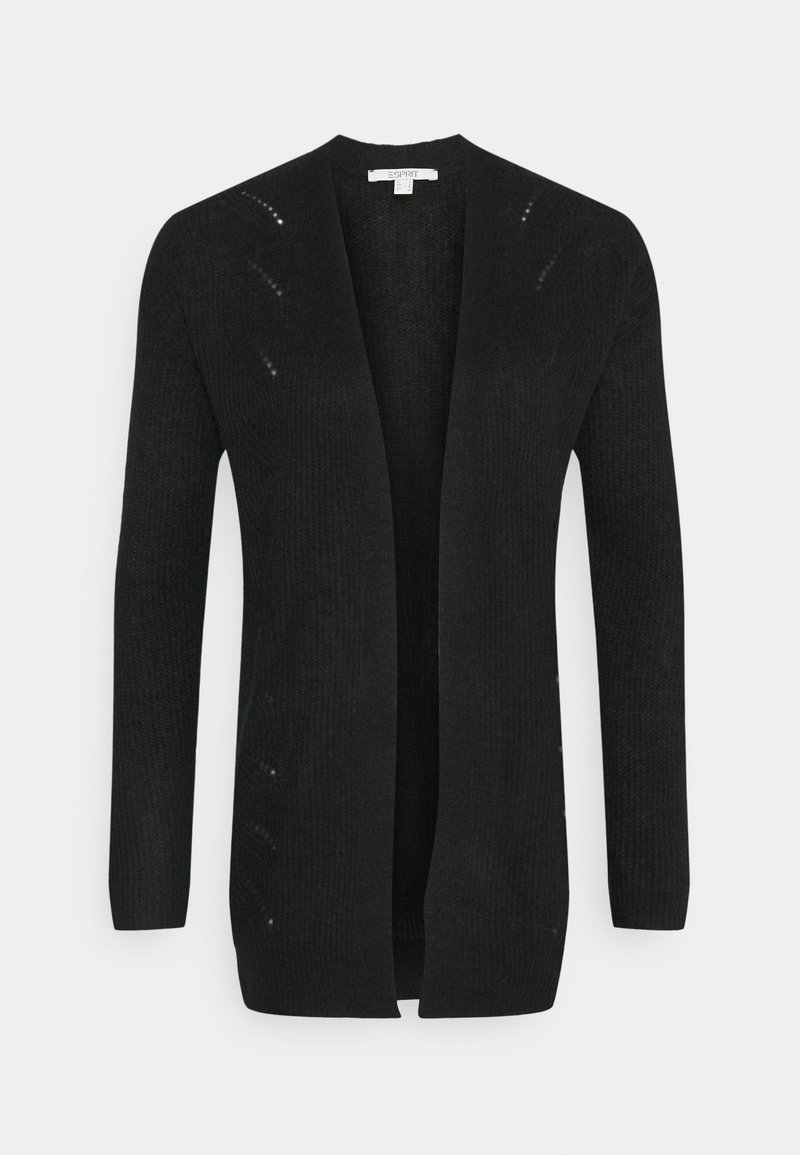 Schwarze Strickjacke mit offenem Design, langen Ärmeln, rippstrukturiertem Material, leichtem Stoff und minimalistischem Stil.