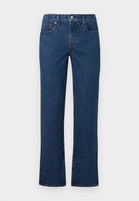 Jeans en denim bleu avec une coupe droite, dotés d'une fermeture à bouton, d'un design à cinq poches et de coutures contrastées le long des coutures.