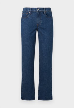 Jeans in denim blu con taglio dritto, caratterizzati da una chiusura con bottone, design a cinque tasche e cuciture a contrasto lungo le cuciture.