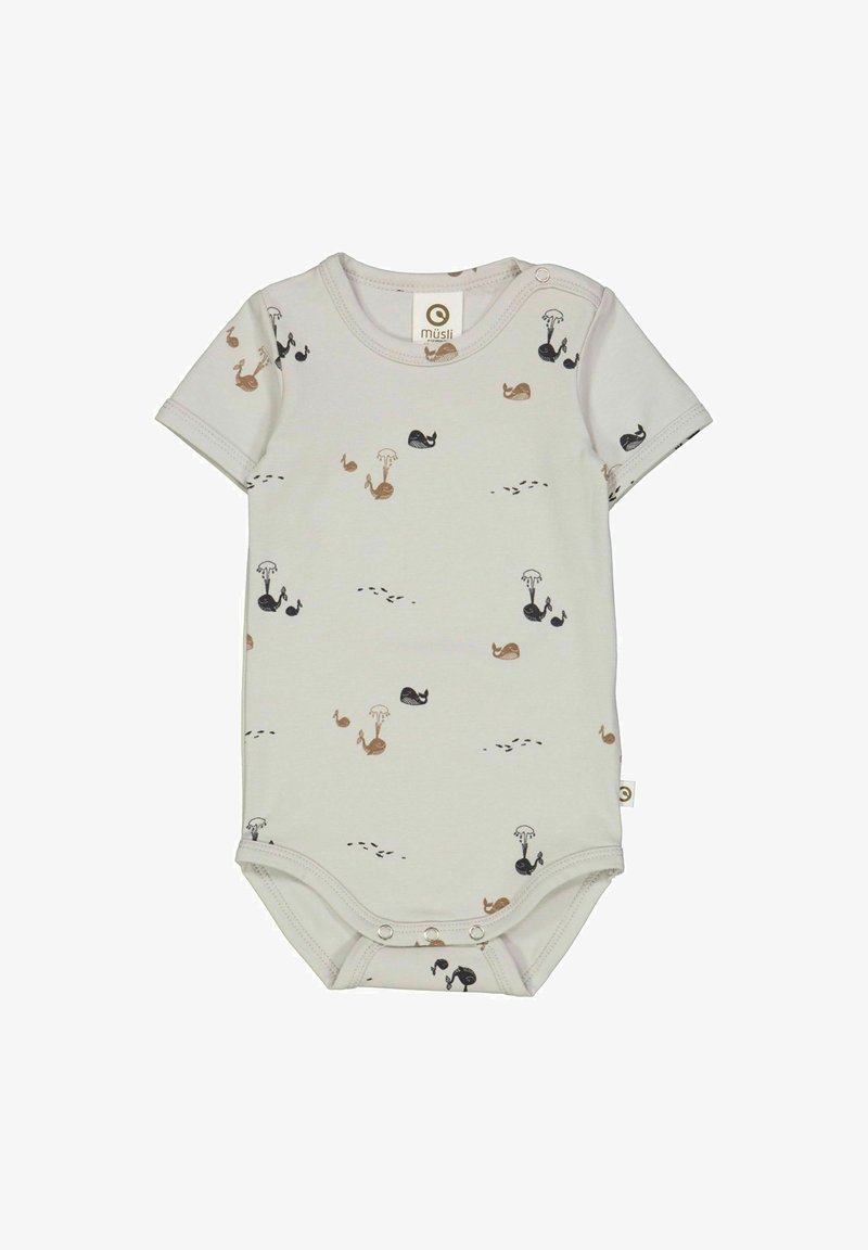Korte mouwen baby romper in licht beige katoen met meerkleurige walvis- en paraplupatronen. Drukknoopsluiting aan de onderkant voor gemakkelijk aan- en uitkleden.