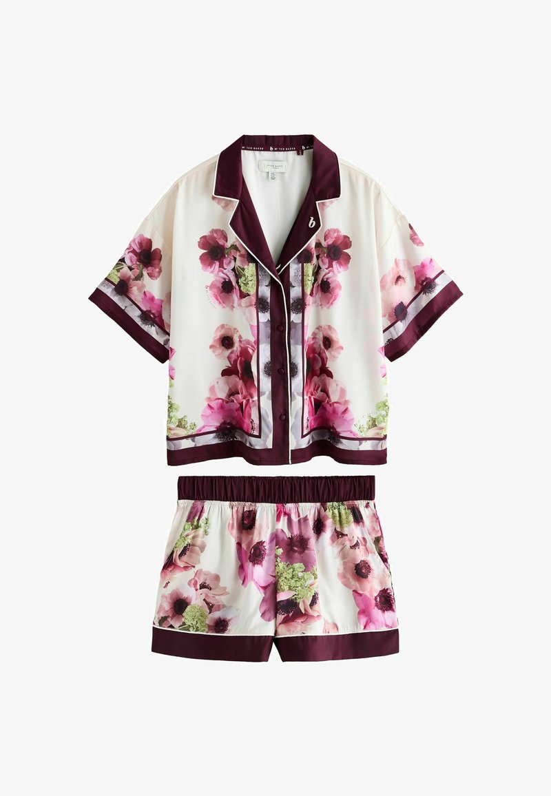 Pyjamæt sæt med kortærmet skjortetop med knapper og shorts med elastisk talje, i hvidt med pink og bordeaux blomsterprint.