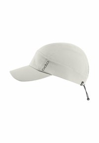 Light gray cap with a curved brim, adjustable drawstring at the back, and a logo on the side. Smooth texture, sporty design.