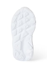 Weiße Gummisohle mit einem strukturierten Profildesign, das dreieckige und rechteckige Formen für Grip und Traktion aufweist.