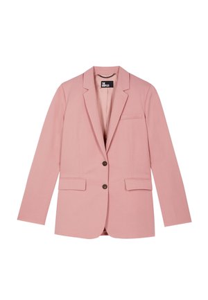 Blazer da donna su misura rosa chiaro con rever a sciallino, due bottoni frontali, tasche con pattina e una tasca sul petto.