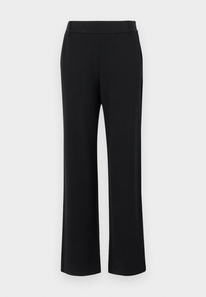 Black, flared trousers with a smooth texture, mid-rise waistband, and side pockets. Simple design without patterns or embellishments.