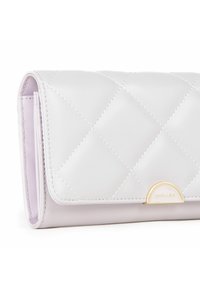 Quilted white leather wallet with a lilac base and gold-tone hardware detail. Features a flap closure and textured surface.