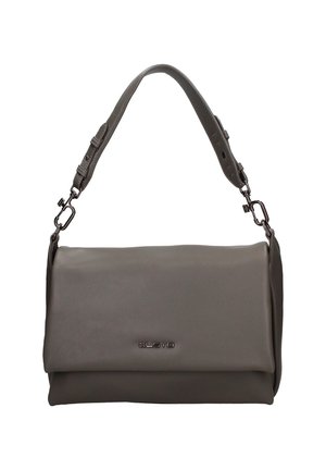 Sac à bandoulière en cuir gris avec sangle réglable et logo en métal "CUSTO" sur le rabat frontal.