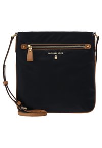 Borsa a tracolla in nylon blu navy con dettagli in pelle beige, zip dorata e logo. Caratterizzata da una tracolla rimovibile per una maggiore versatilità nel trasporto.