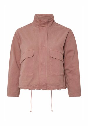 Cropped, pink, cotton jacket with a high collar, two front pockets, and drawstrings at the hem. Features a frayed bottom edge.