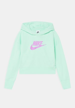 Sweat à capuche Nike vert menthe à manches longues, coupe oversize, avec un logo Nike rose centré sur le devant.