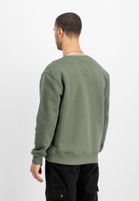 Zelená mikina z bavlnenej zmesi, s okrúhlym výstrihom, pružnými manžetami a lemom. Na zadnej strane je malý obdĺžnikový detail s etiketou.