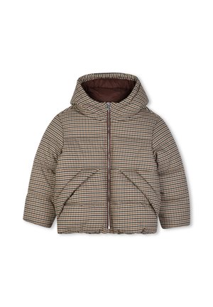 Kinder Steppjacke mit Kapuze in braunem, beigem und schwarzem Karomuster und vorderem Reißverschluss.