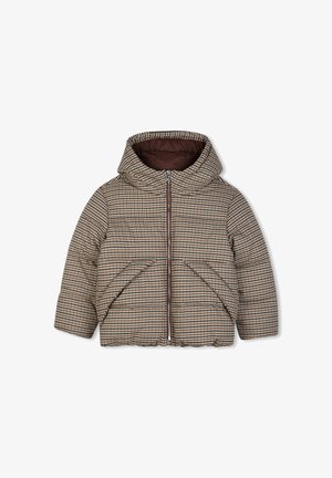 Kinder donsjack met capuchon met bruin, beige en zwart ruitpatroon en een ritssluiting aan de voorkant.