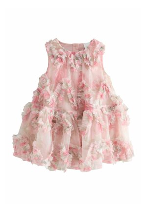 Ärmelloses rosa Kleid für Kleinkinder mit mehrlagigem, gerafftem Tüllstoff und floral gemusterten, strukturierten Akzenten überall.
