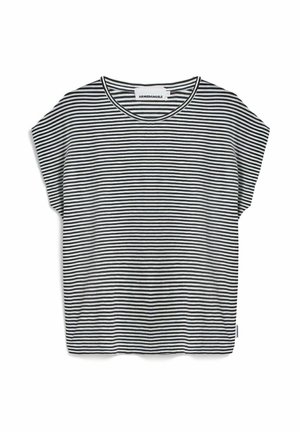 Schwarz-weiß gestreiftes Kurzarmshirt mit Rundhalsausschnitt. Weicher Stoff, lockere Passform und Saum auf Taillenhöhe. Etikett an der Seite.