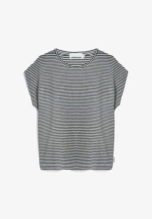 Schwarz-weiß gestreiftes Kurzarmshirt mit Rundhalsausschnitt. Weicher Stoff, lockere Passform und Saum auf Taillenhöhe. Etikett an der Seite.