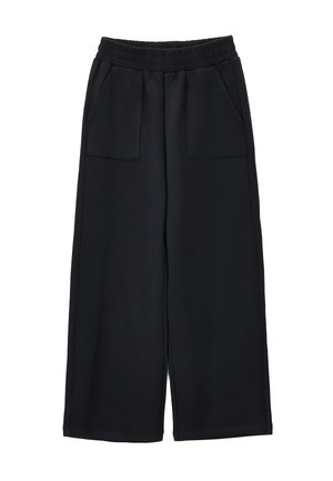 Pantalones negros de pierna ancha con cintura elástica y bolsillos parche delanteros, mostrados sobre un fondo blanco.