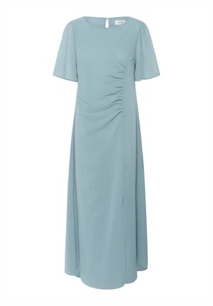 Jasnoniebieska, średniej długości sukienka z gładkiego materiału. Posiada krótkie falbaniaste rękawy i detal drapowania z boku. Zasłonięty zamek z otworem w kształcie łezki.