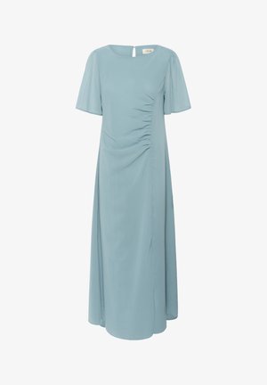 Jasnoniebieska, średniej długości sukienka z gładkiego materiału. Posiada krótkie falbaniaste rękawy i detal drapowania z boku. Zasłonięty zamek z otworem w kształcie łezki.