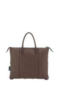 Borsa in pelle marrone con due manici superiori, superficie texturizzata, hardware argentato e chiusura a zip. Presenta due accenti laterali e quattro piedini protettivi.