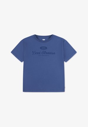 Niebieski bawełniany t-shirt z krótkimi rękawami, okrągłym dekoltem i nadrukiem na przodzie z napisem "Living Legend Levi Strauss THE ORIGINAL."