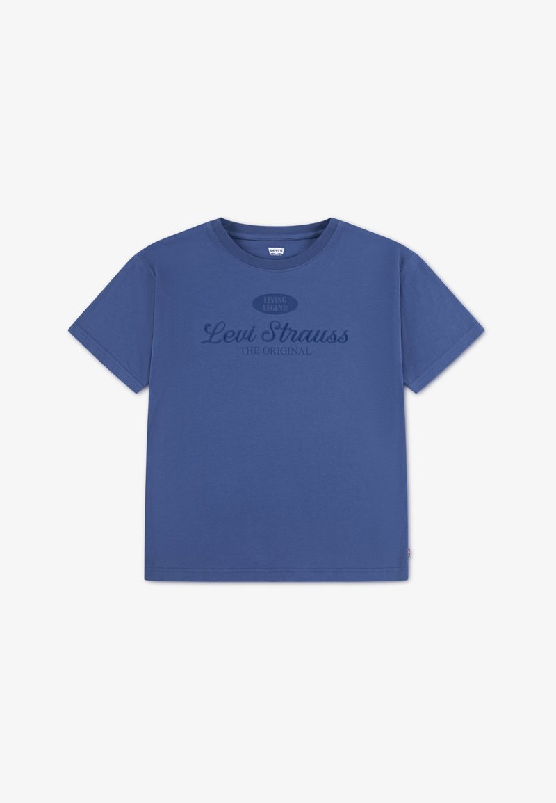 T-shirt en coton bleu à manches courtes, col rond, avec une impression frontale indiquant « Living Legend Levi Strauss THE ORIGINAL ».