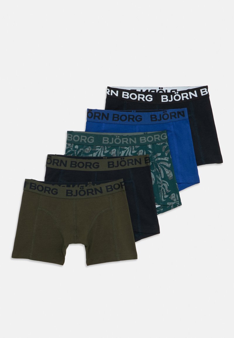 Pieci Björn Borg bokseru šorti pāri dažādās krāsās: olīvu zaļa, tumši zila, jūras zila, melna un rakstaina zaļa. Katram ir zīmola josta.
