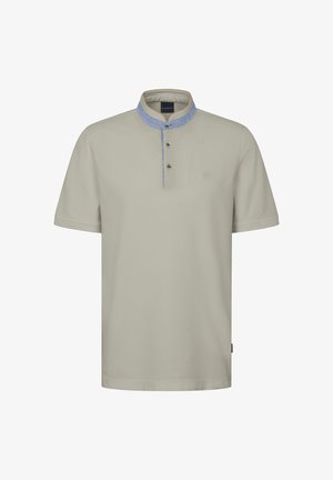 Light gray polo shirt with a textured blue collar, three buttons, and a subtle logo on the front. Short sleeves and a casual fit.