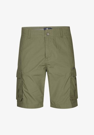 Olive green cargo shorts made of lightweight cotton blend. Features two side pockets, a button closure, and a straight hem.