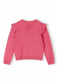 Rosa Pullover mit langen Ärmeln, gerippten Bündchen und Saum, mit schwingenden Ärmeln an den Schultern und einem dreiknöpfigen Verschluss im Rücken.