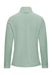 Hellgrüne Fleecejacke mit Kragen, langen Ärmeln und glatter Textur. Verfügt über ein minimalistisches Design ohne sichtbare Muster oder Applikationen.